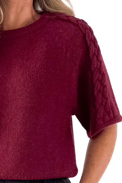 Front detailed view of woman wearing Burgundy Braid Detail Short Sleeve Sweater with black pants against white studio background.