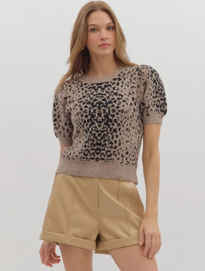 Double Take Mocha &amp; Black Animal Print Short Puff Sleeve Sweater