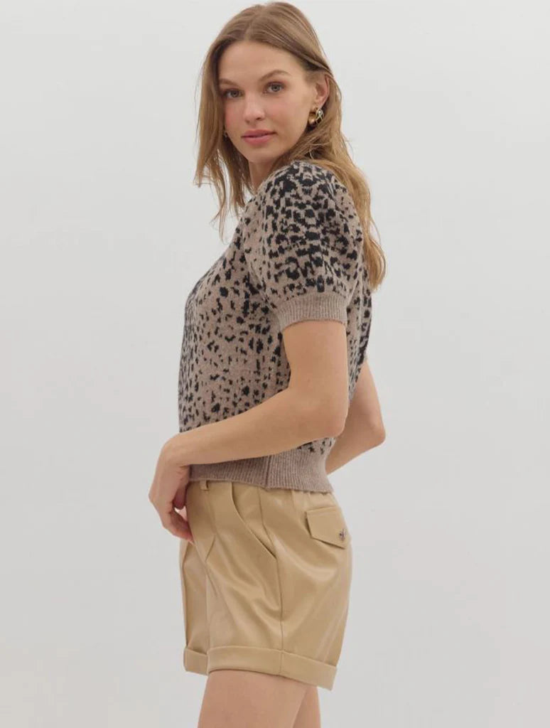Double Take Mocha &amp; Black Animal Print Short Puff Sleeve Sweater