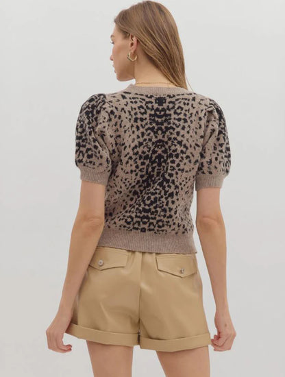 Double Take Mocha &amp; Black Animal Print Short Puff Sleeve Sweater