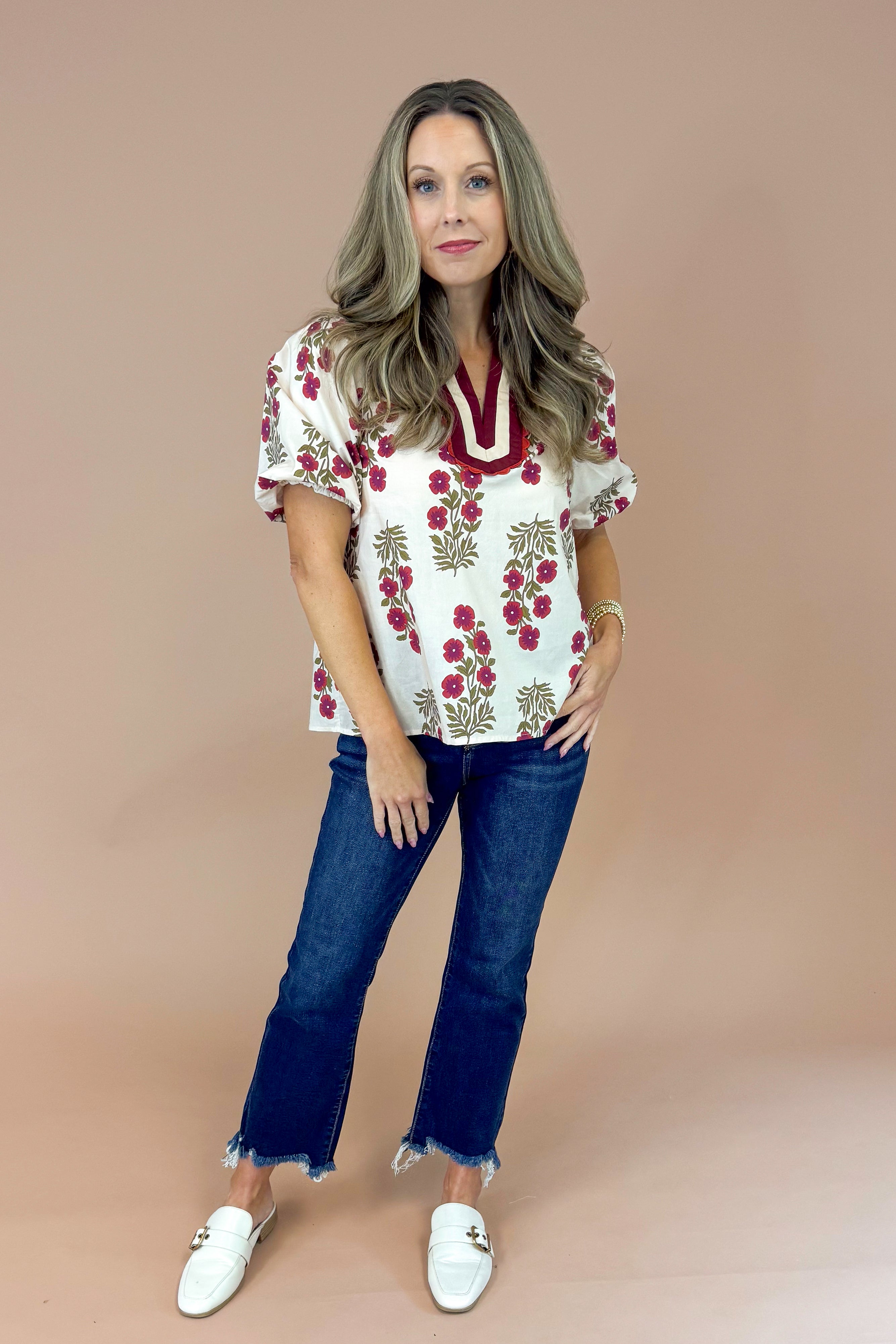 Little By Little Ecru Floral Print With Burgundy Lined Top by Entro