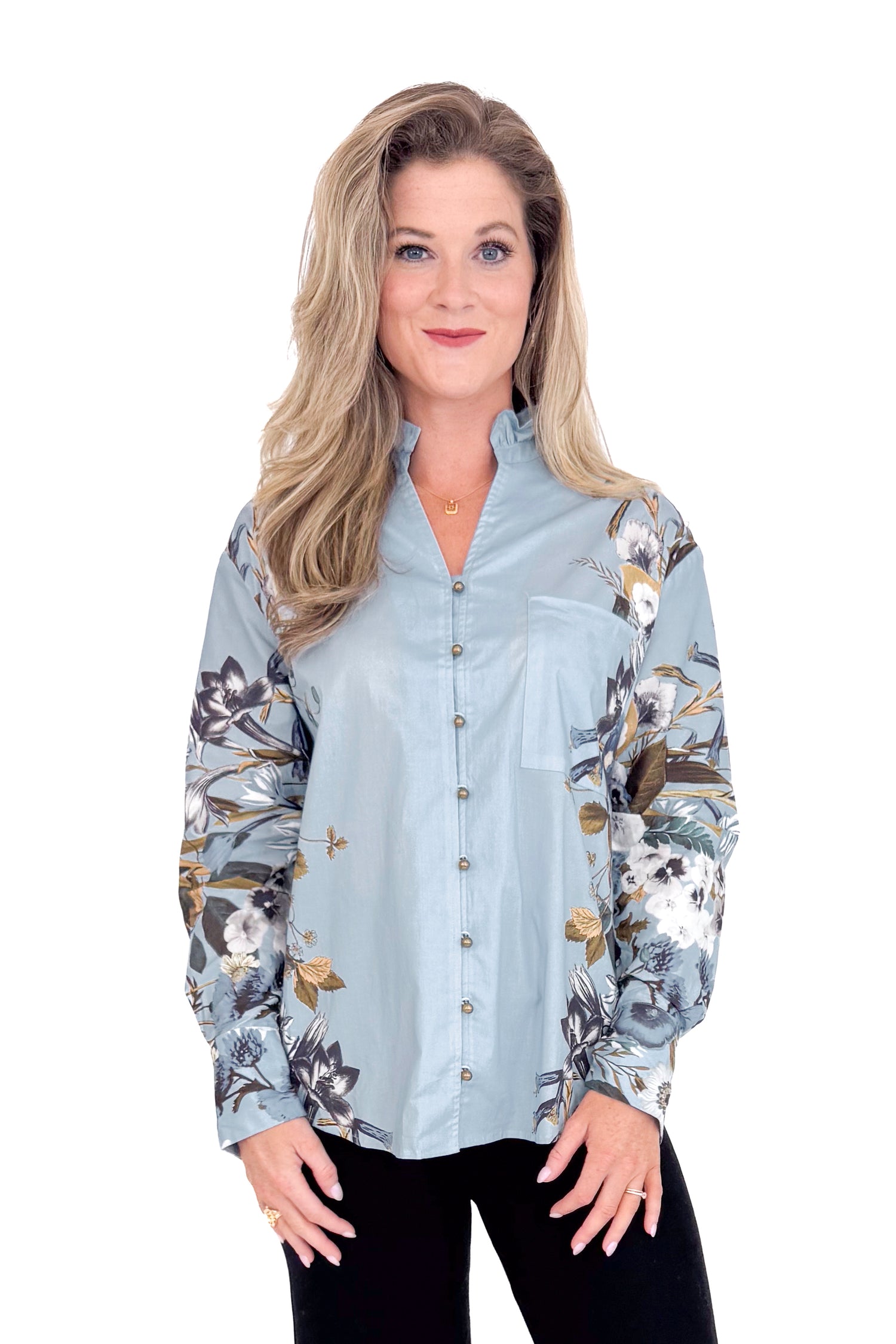Cloud Cover Blue With Floral Lining Button Up Top by Entro