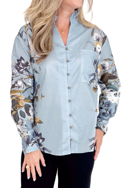 Cloud Cover Blue With Floral Lining Button Up Top by Entro