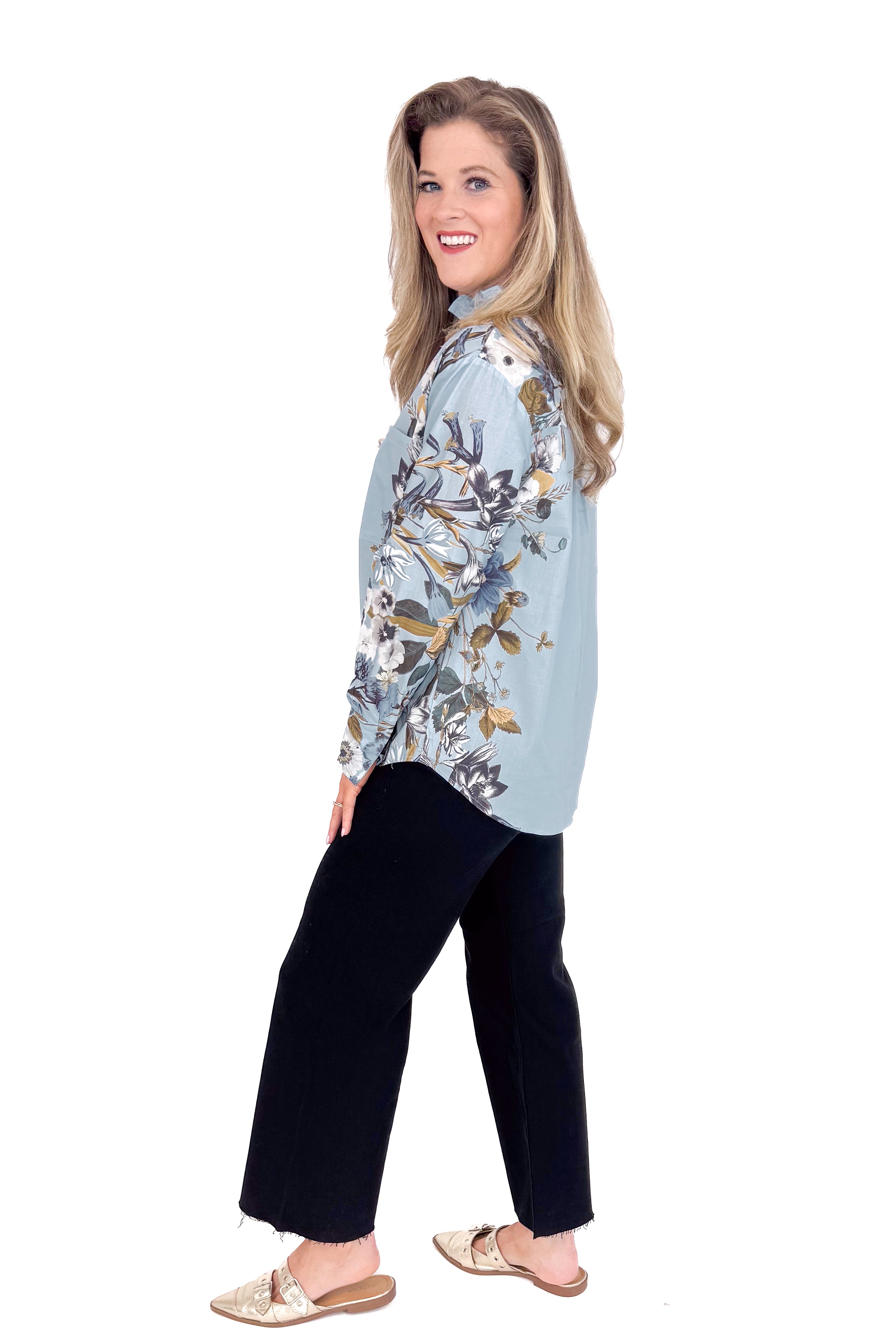 Cloud Cover Blue With Floral Lining Button Up Top by Entro