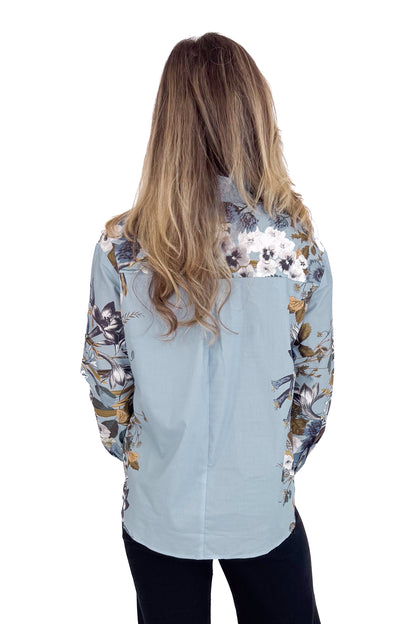 Cloud Cover Blue With Floral Lining Button Up Top by Entro