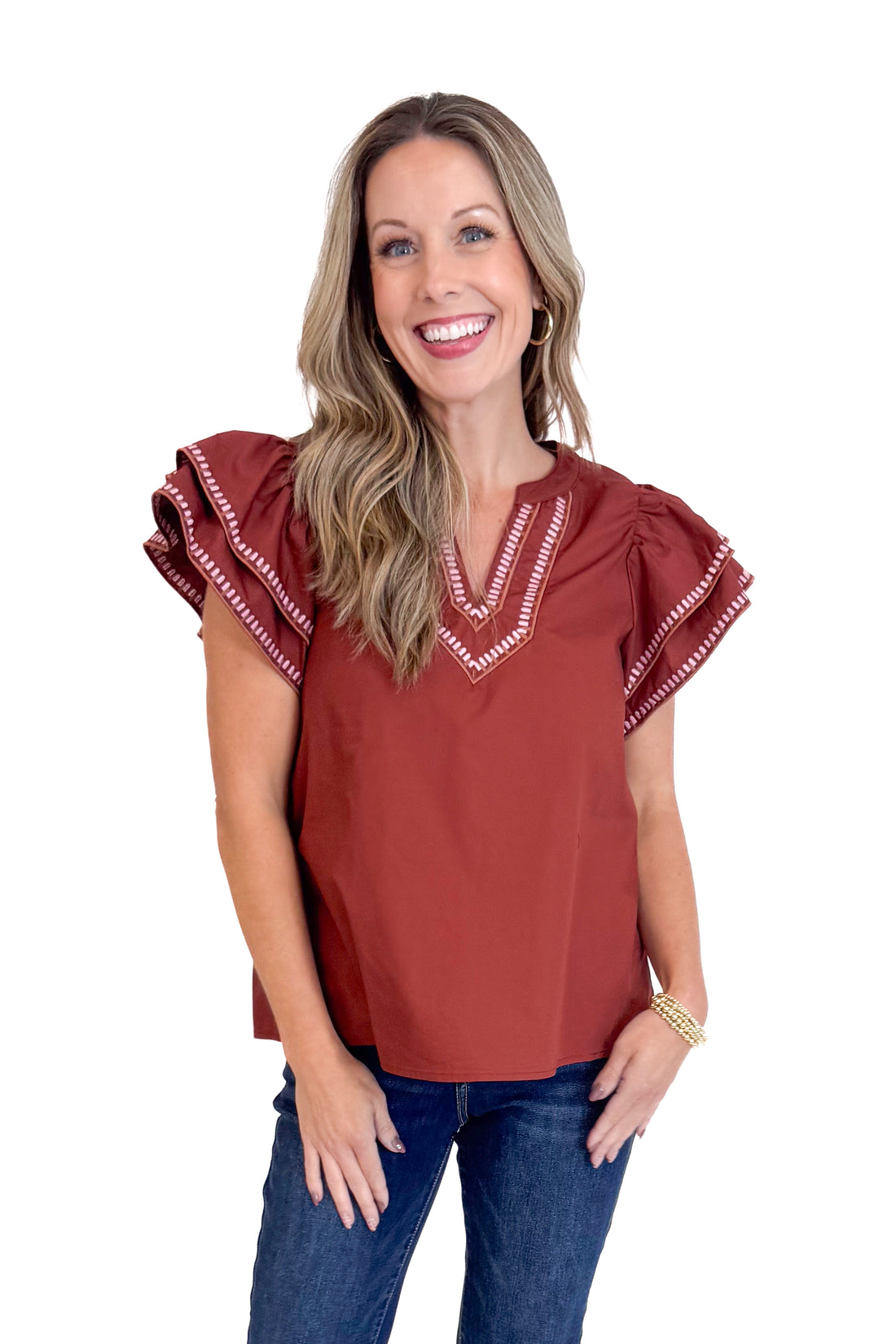 Roaming The Halls Brick With Embroidered Flutter Sleeve Top by Entro