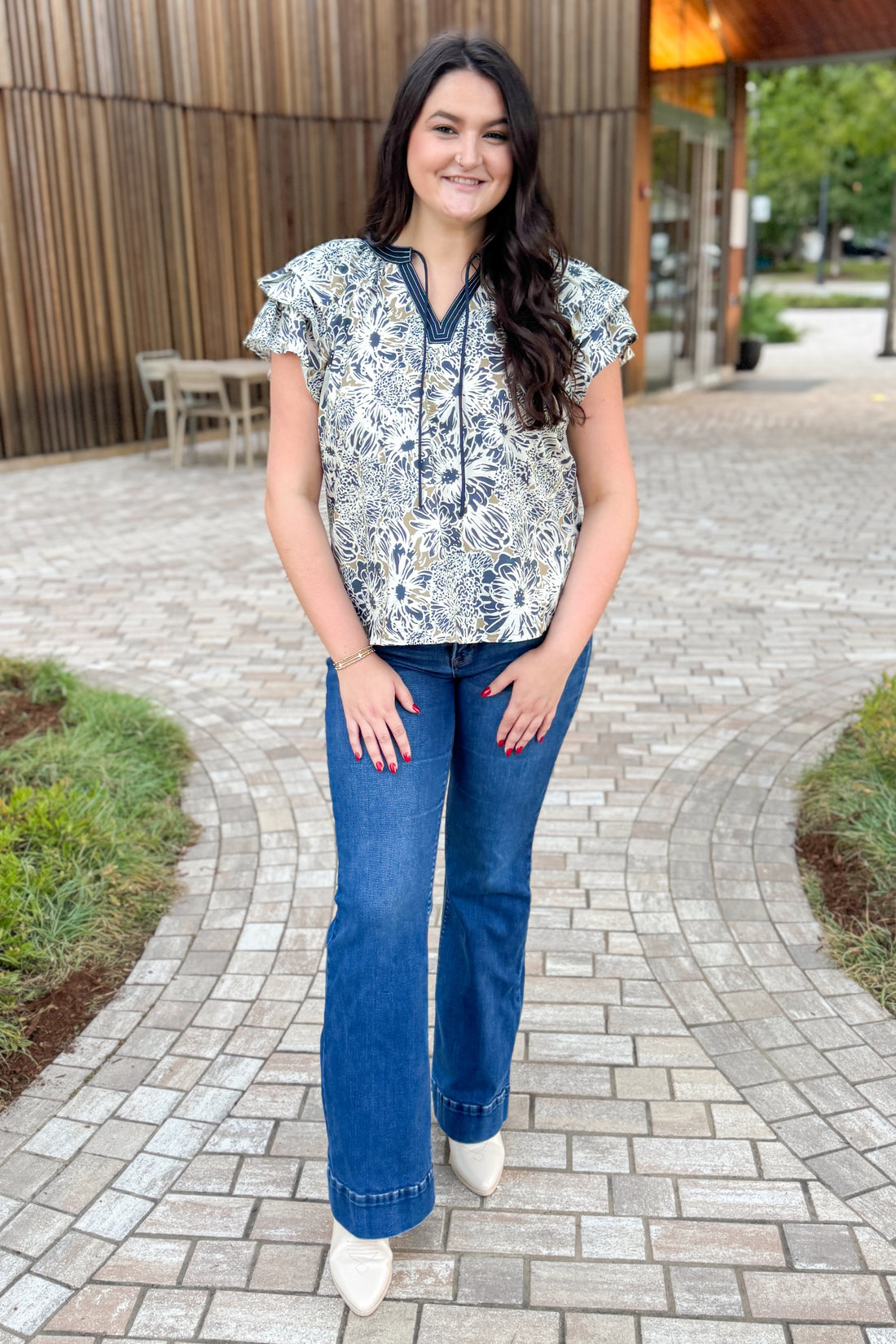 Fly Away Navy &amp; Taupe Floral Printed V-neck Top by Entro