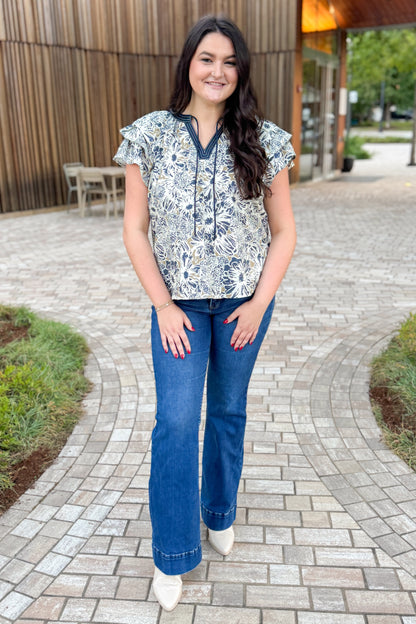 Fly Away Navy &amp; Taupe Floral Printed V-neck Top by Entro