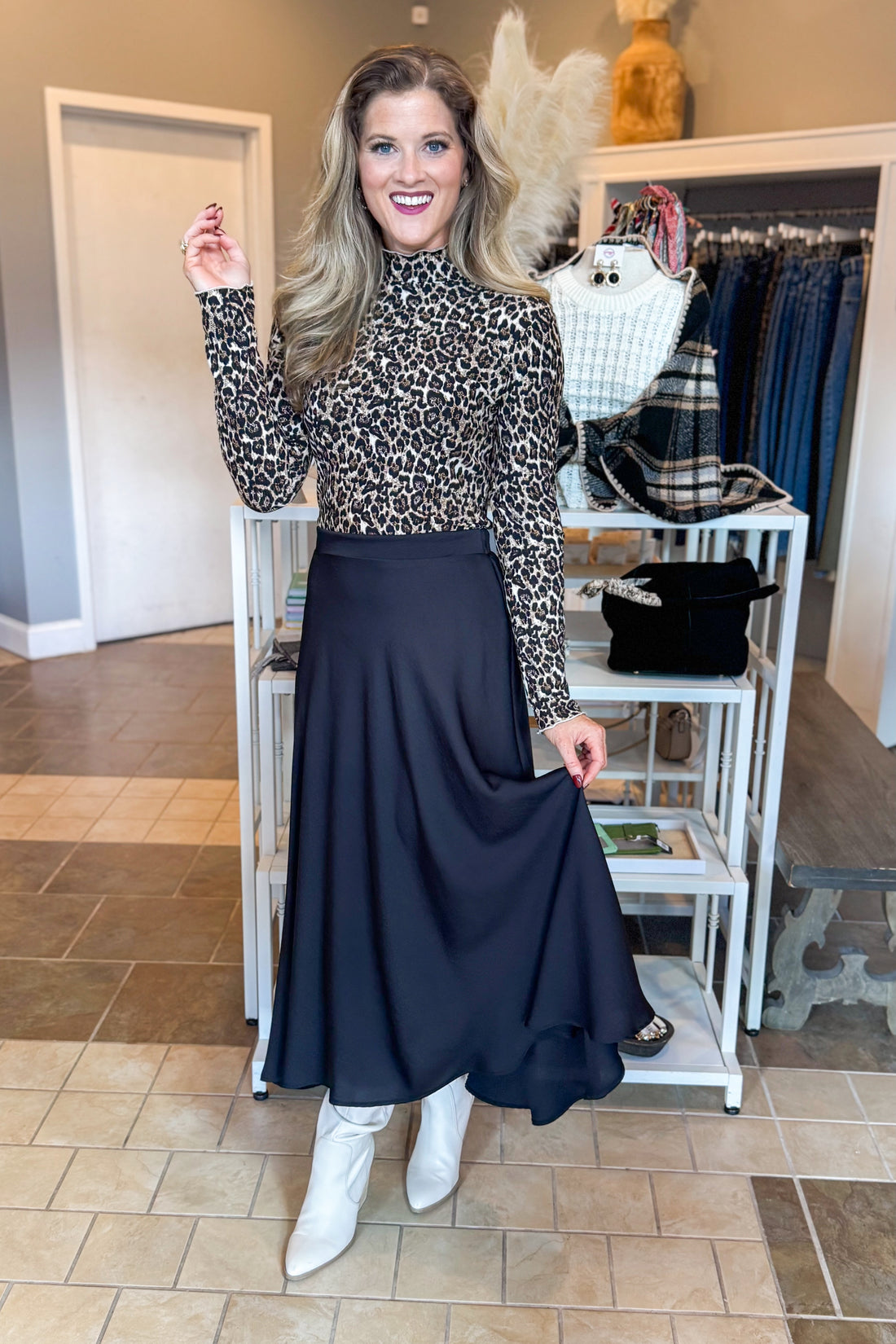 On Repeat Black Satin Swing Skirt