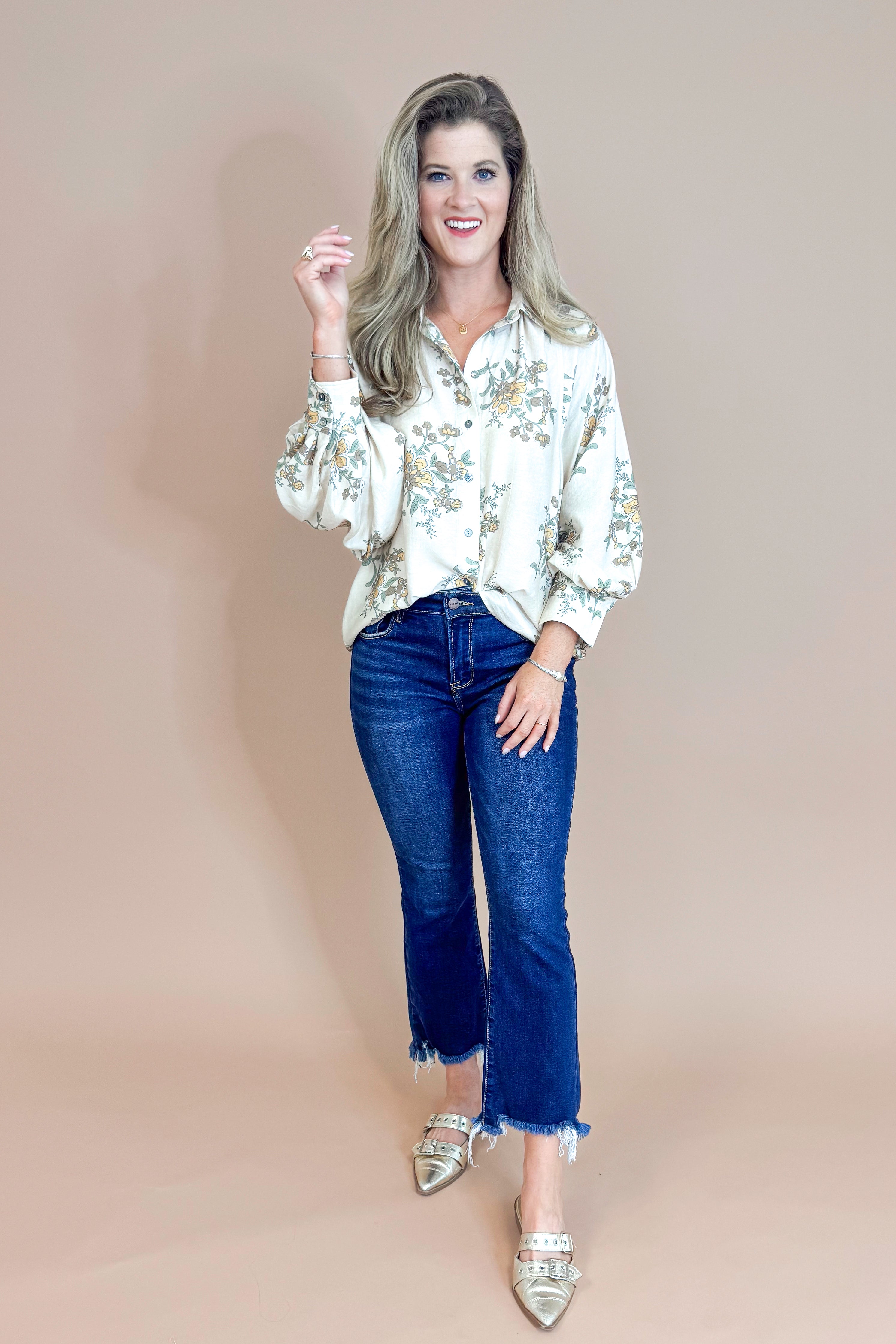Through The Years Ecru Floral Print Button Up Top by Entro