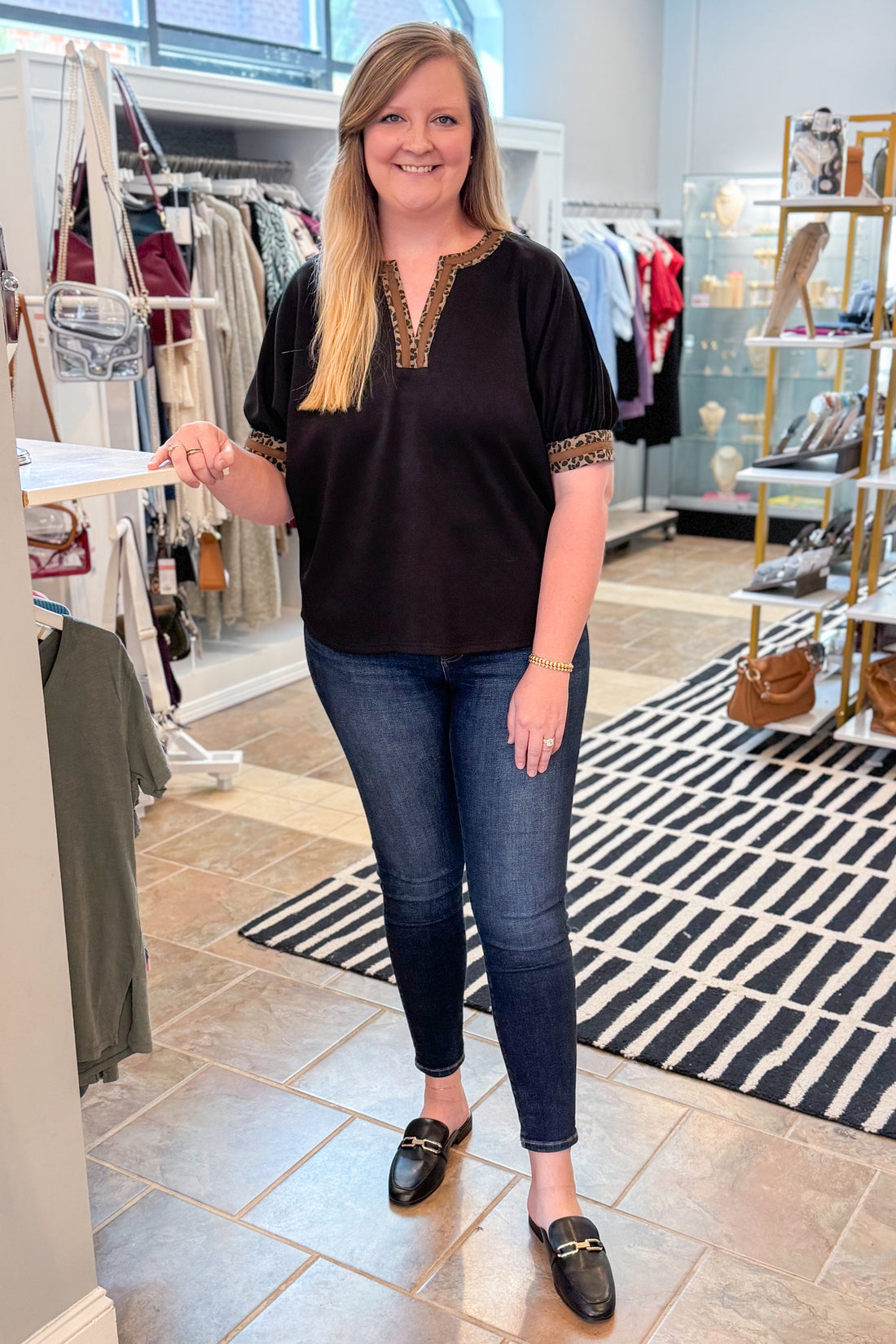 Good As Gold Black Leopard Lined V-neck Top by Entro