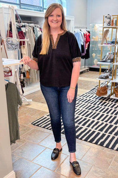 Good As Gold Black Leopard Lined V-neck Top by Entro