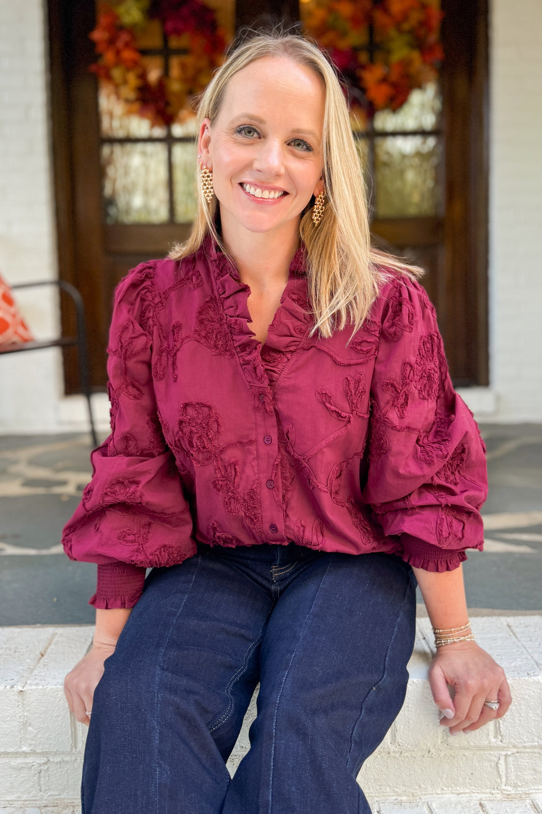 Pick Me Merlot Floral Applique Ruffle Detail Top