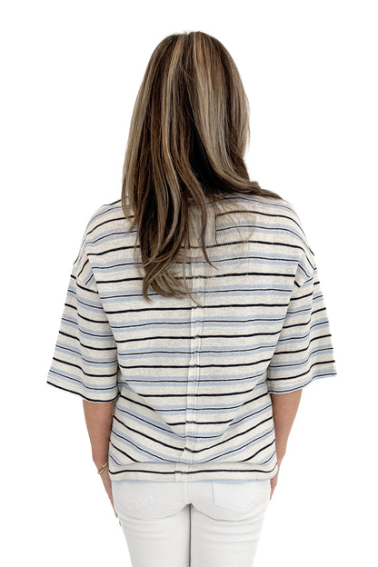 Back view of woman wearing Light Blue &amp; Navy Striped Top by Entro with jeans against white studio background.