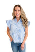 Front view of woman wearing Blue Striped Embroidered Top by Entro with jeans against white studio background.