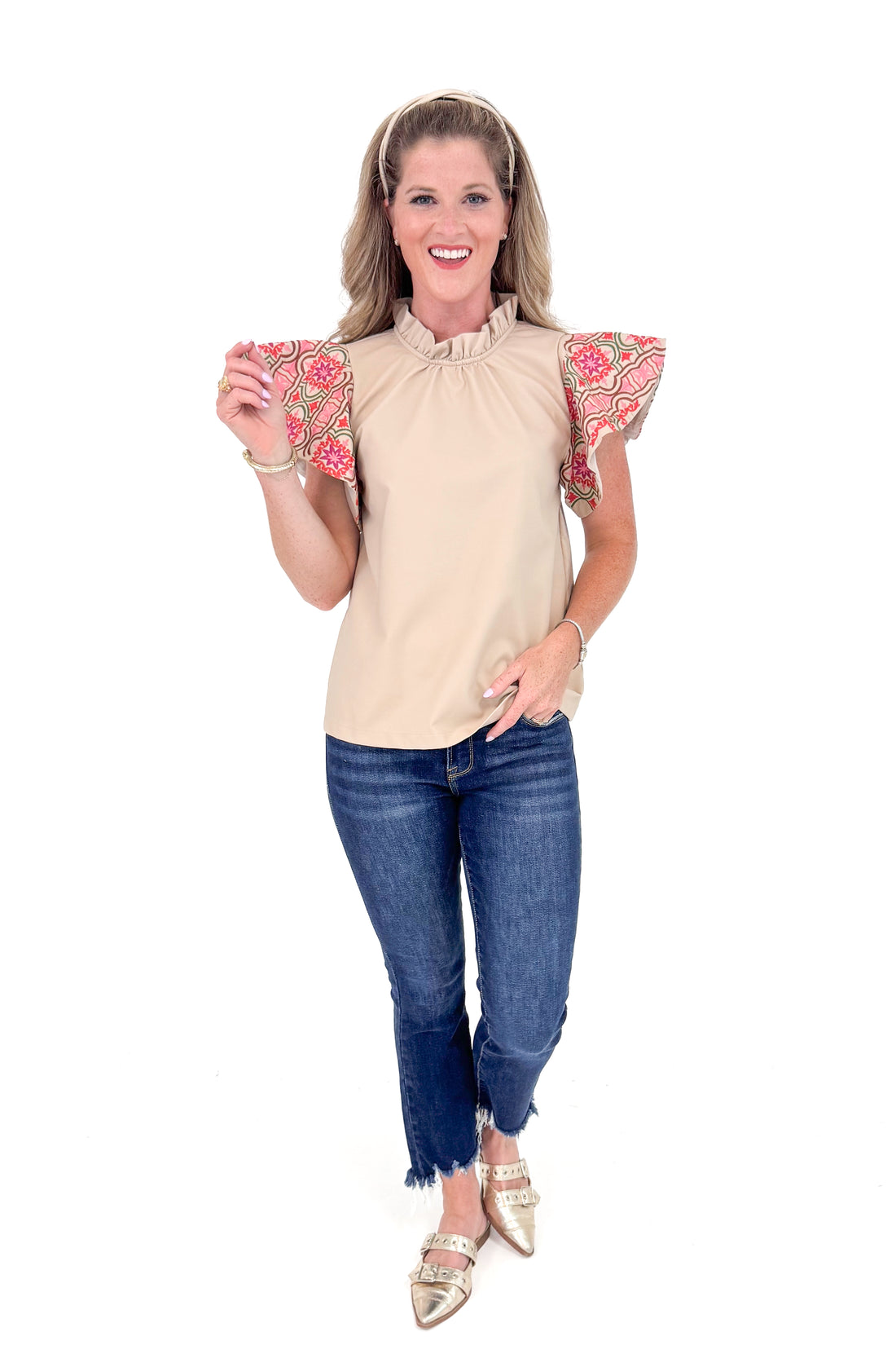 Grounds For Celebration Beige Faux Leather With Embroidered Sleeve Top by THML