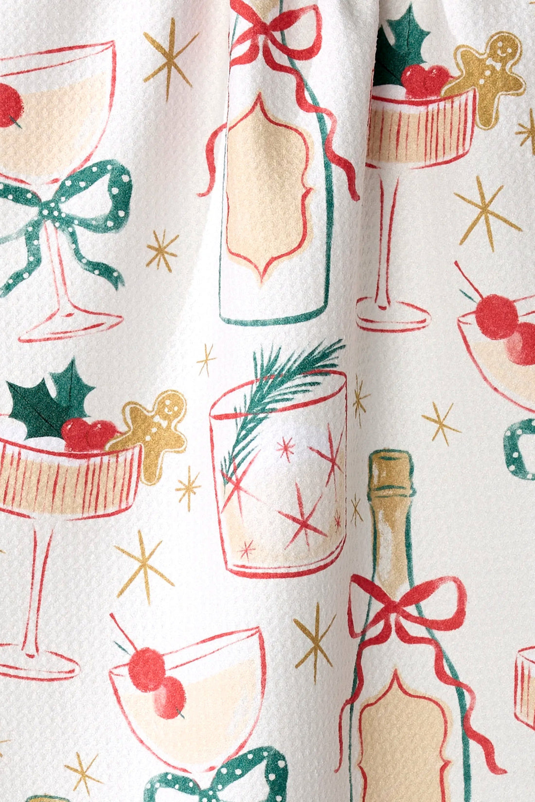 Patterned fabric with Christmas-themed illustrations including cocktails, bottles, and festive elements on a white background.