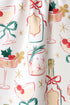Patterned fabric with Christmas-themed illustrations including cocktails, bottles, and festive elements on a white background.