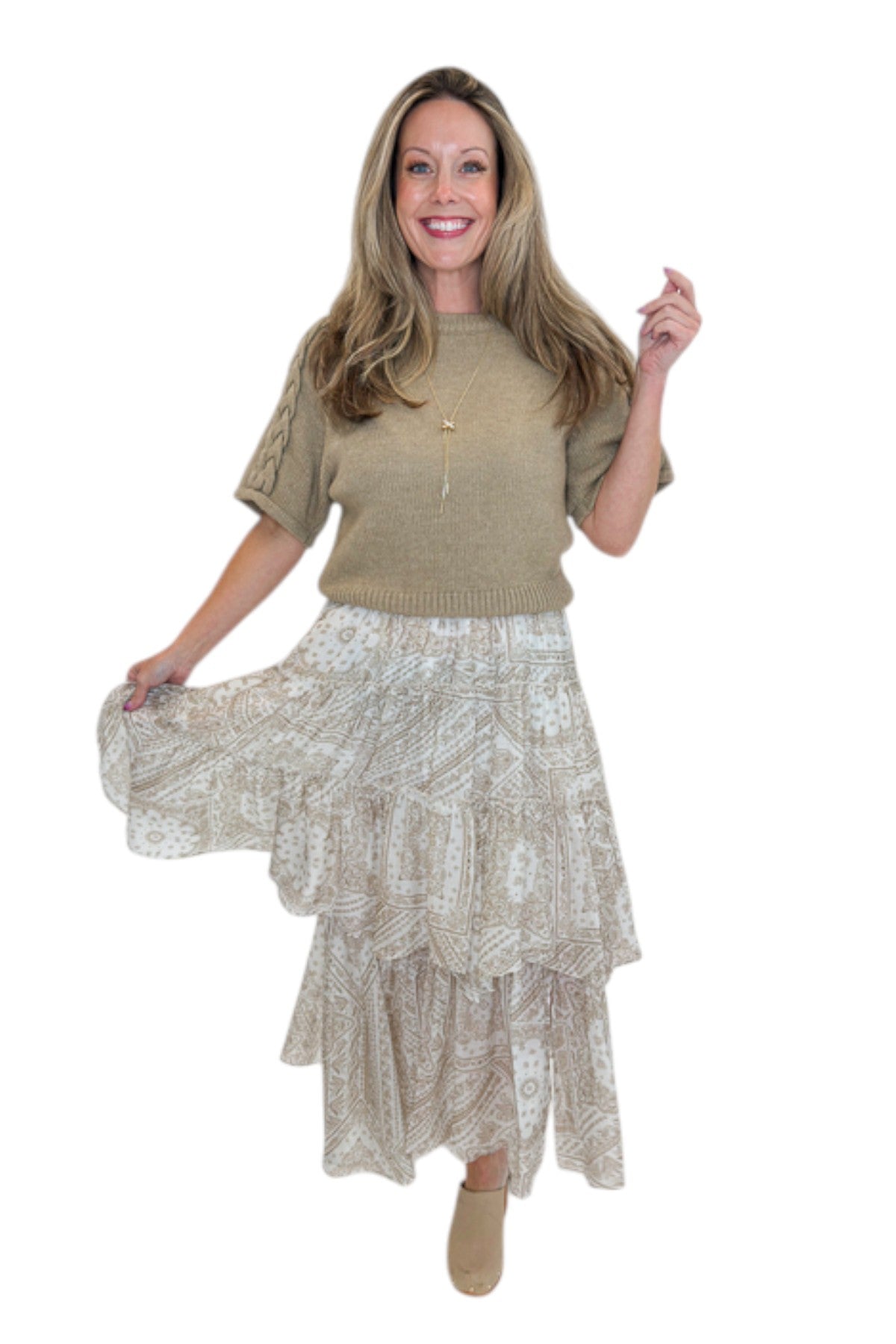 Front view of woman wearing Swagger Boutique’s Taupe Bandana Print Tiered Skirt with Oatmeal Braid Detail Short Sleeve Sweater by Entro against white studio background.