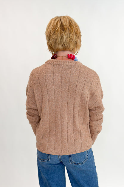 Back view of woman wearing Swagger Boutique’s Taupe Ribbed Textured Sweater with Maya Wide Leg Jeans In Medium Wash- Journey by Kut from the Kloth against white studio background.
