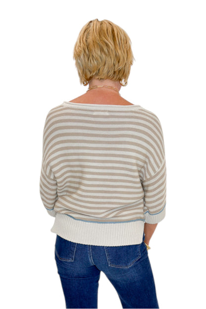 Back view of woman wearing Swagger Boutique’s Taupe Striped Short Sleeve Sweater with jeans against white studio background.