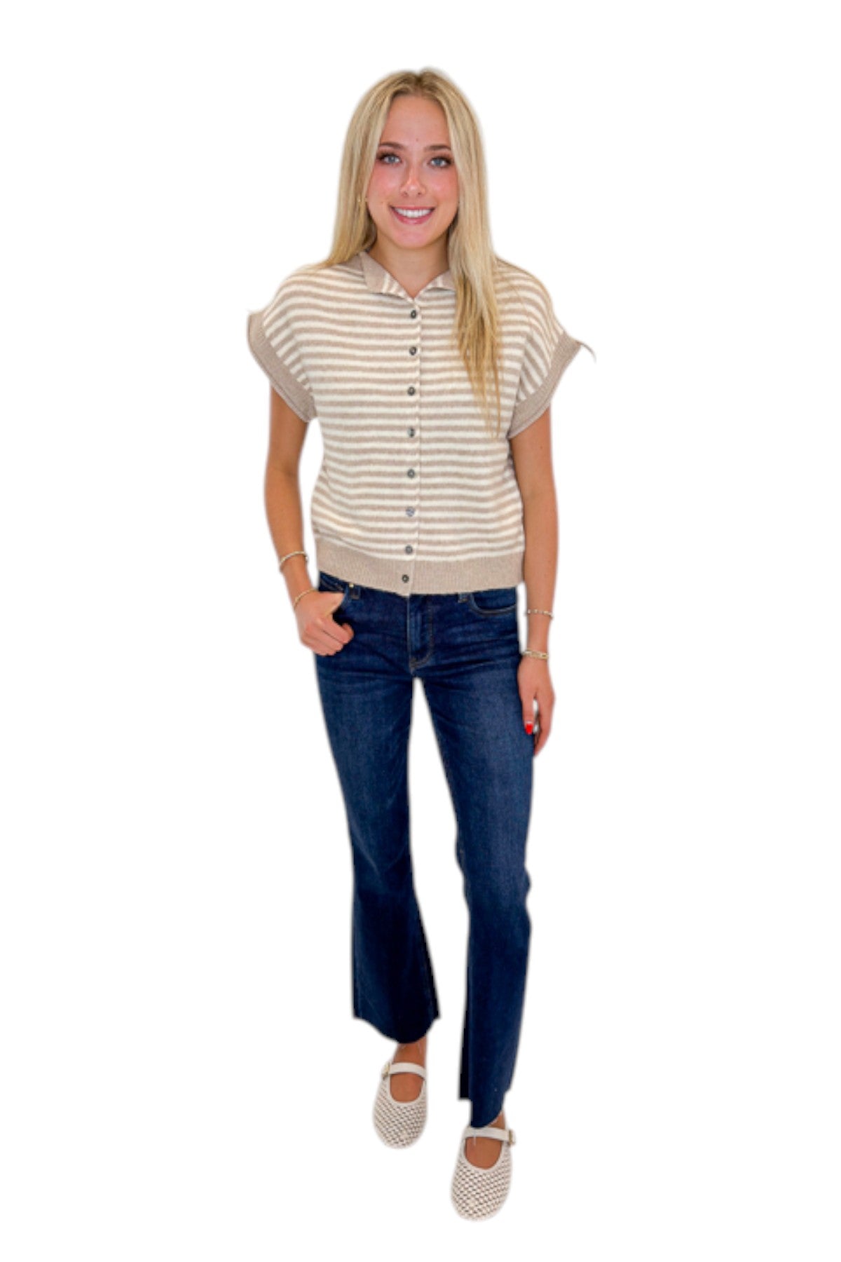 Front view of woman wearing Swagger Boutique’s Taupe &amp; Cream Striped Sleeveless Sweater by Entro with jeans against white studio background.