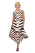 Front view of woman wearing Swagger Boutique’s Tiger Print Midi Dress by Entro with heels against white studio background.