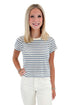 Front view of woman wearing Swagger Boutique’s True Navy Junie Striped Tee by Z Supply with jeans against white studio background.