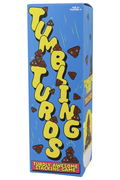 Box of Tumbling Turtles stacking game with blue background and yellow text