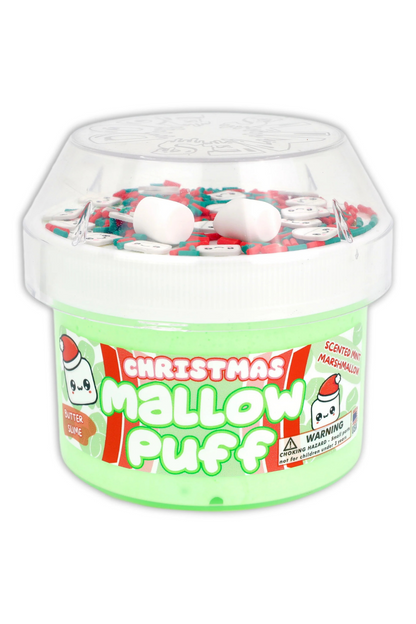 Container of Christmas Mallow Puff with a green label on a white background