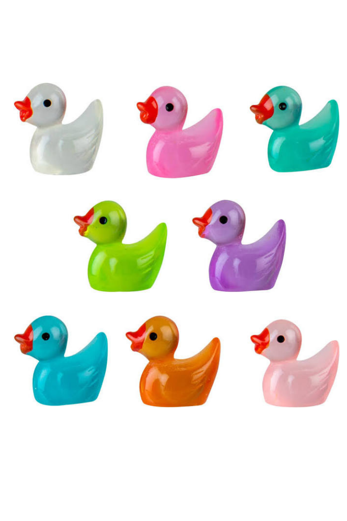 Colorful duck toys on a white background