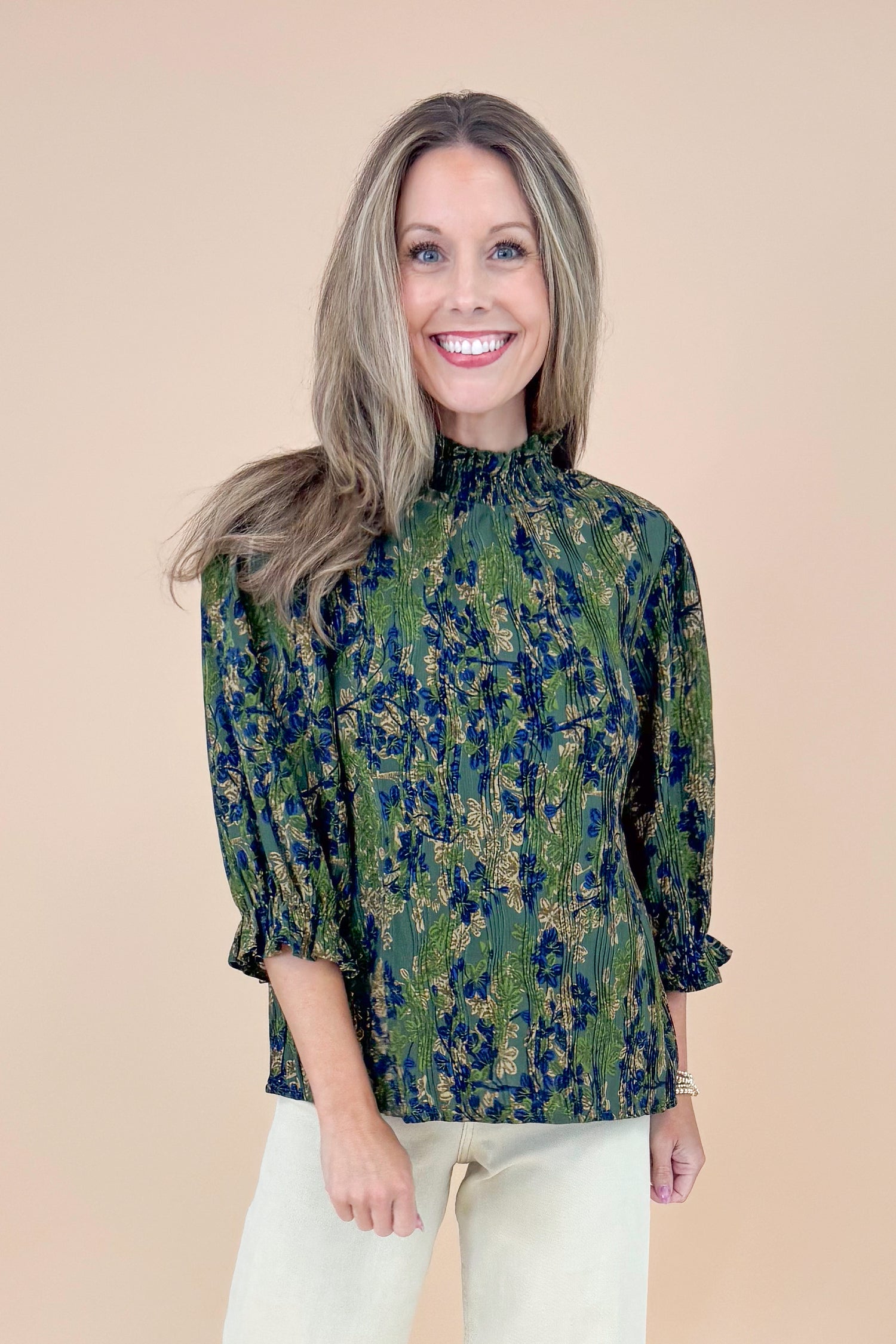 Sweet Escape Olive Smocked Neck Floral Top
