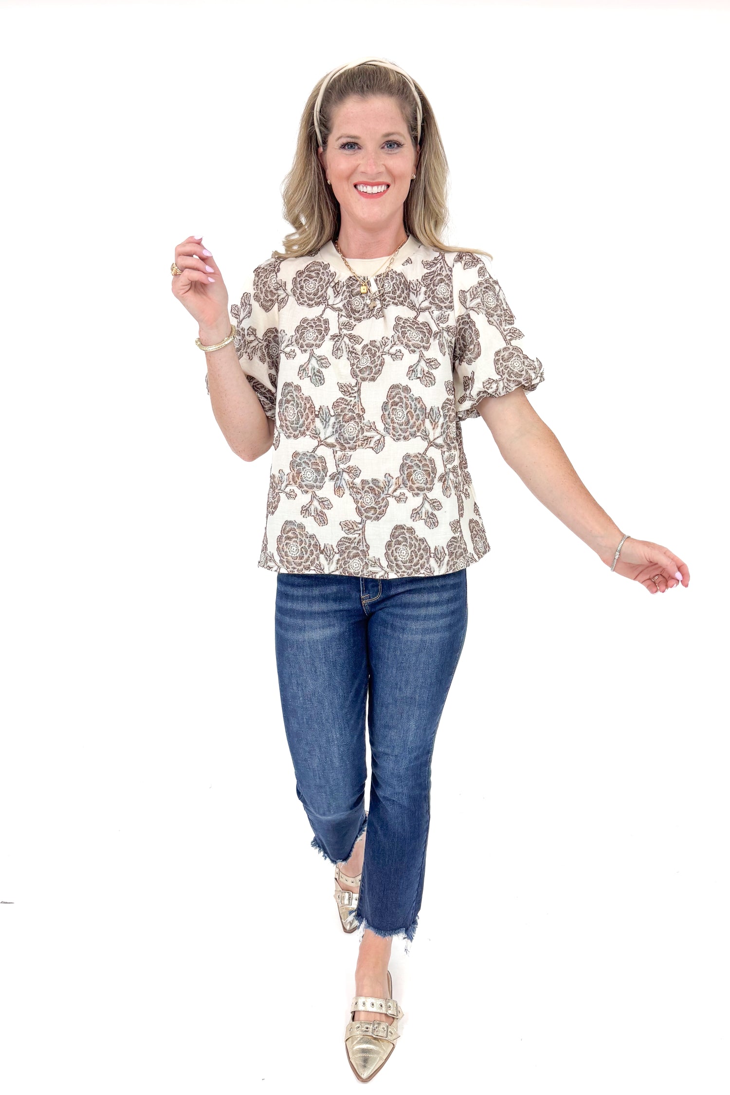 Matcha Mood Cream &amp; Taupe Textured Floral Top