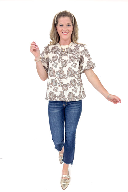 Matcha Mood Cream &amp; Taupe Textured Floral Top