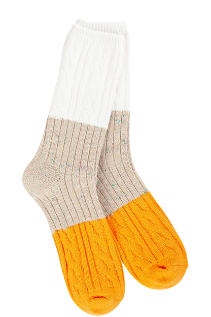 Pair of socks with white top, beige middle, and orange bottom on a white background