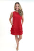 Front view of woman wearing Red With Floral Applique Shift Dress by THML against white studio background.