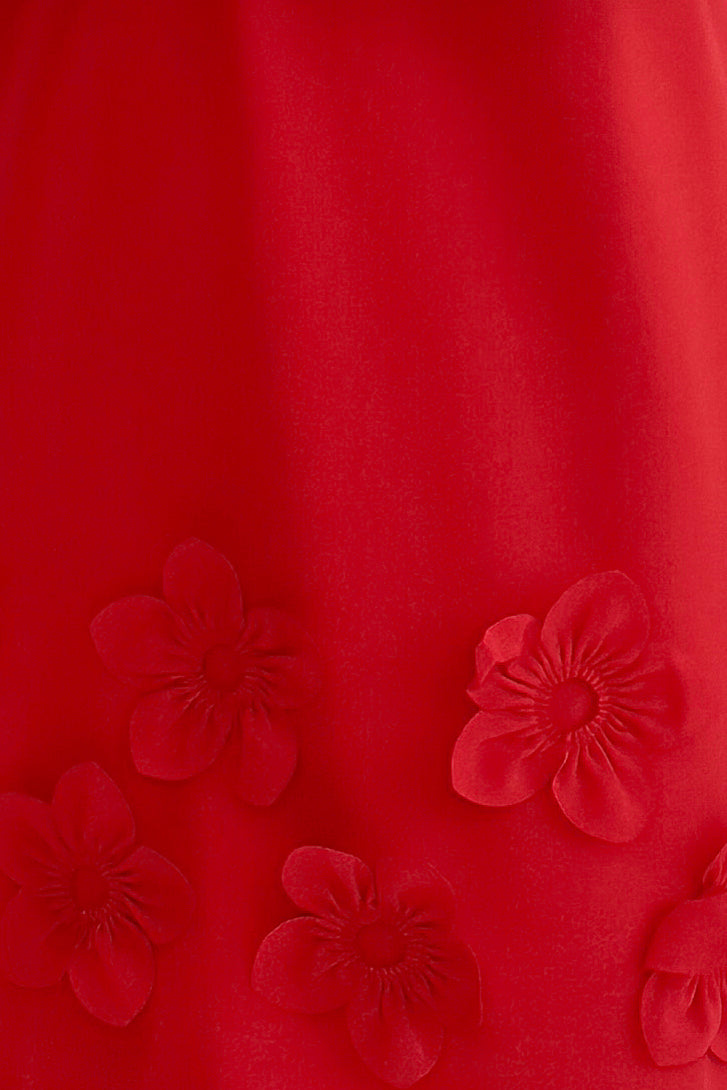 Detail view of Red With Floral Applique Shift Dress by THML fabric.