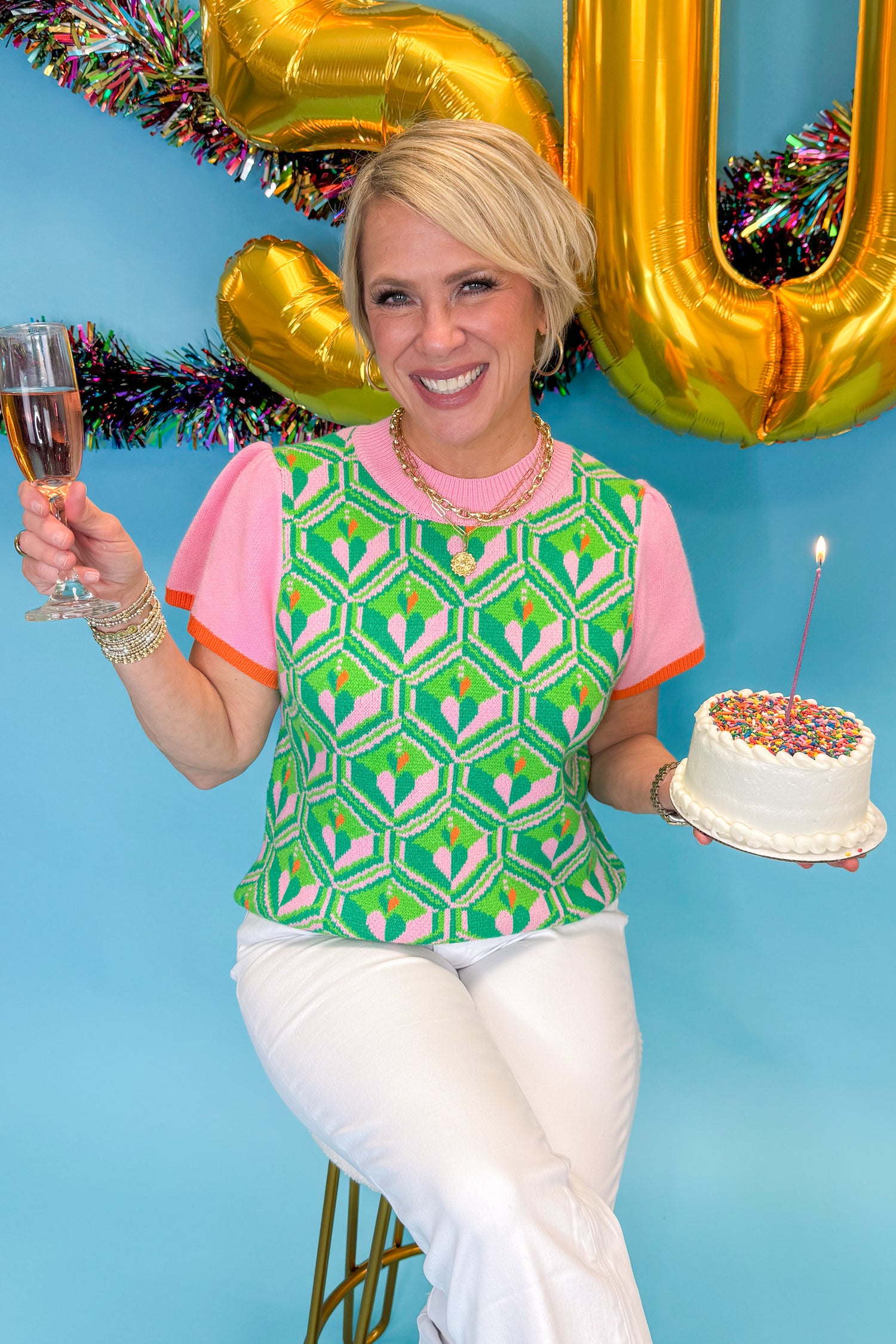 This Is The Look Pink &amp; Green Printed Short Sleeve Sweater by THML