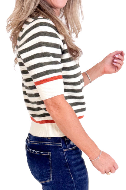 Top Achievement Cream &amp; Olive Striped Short Sleeve Sweater by THML
