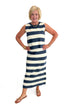 Front view of woman wearing Navy & Cream Striped Midi Skirt with matching tank against white studio background.