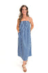 Front view of woman wearing Blue & Navy Striped Midi Dress with sandals against white studio background.
