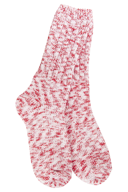 Red and white marbled sock on a white background