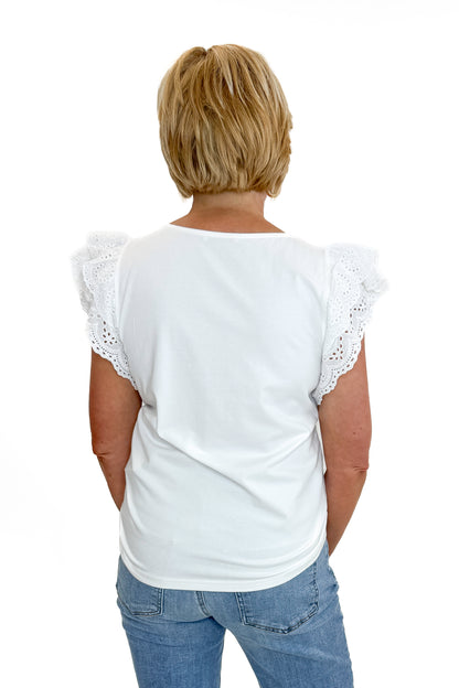 Back view of woman wearing Swagger Boutique’s White Cap Sleeve Eyelet Top with jeans against white studio background.