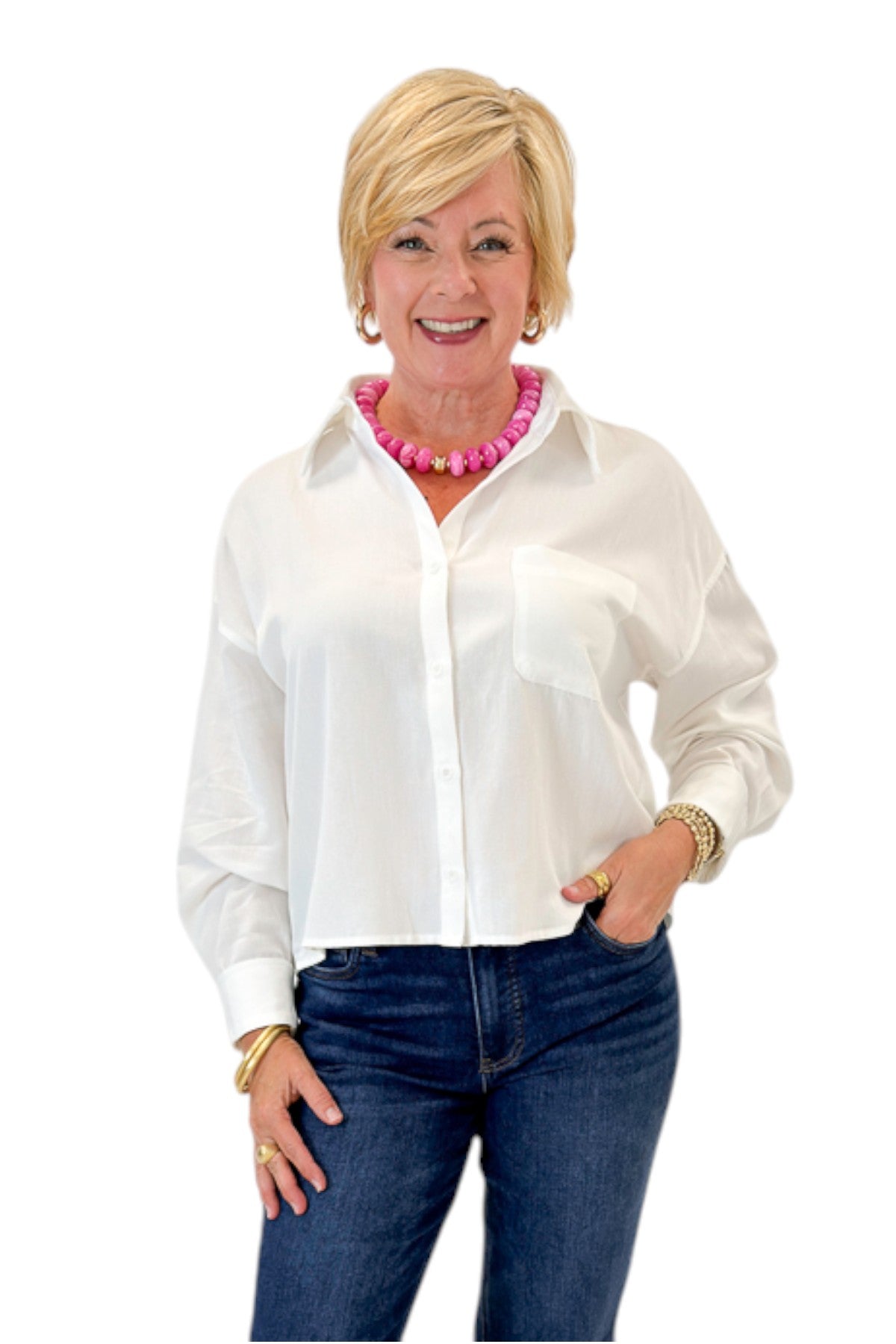 Late To The Party White Collared Button Up Top