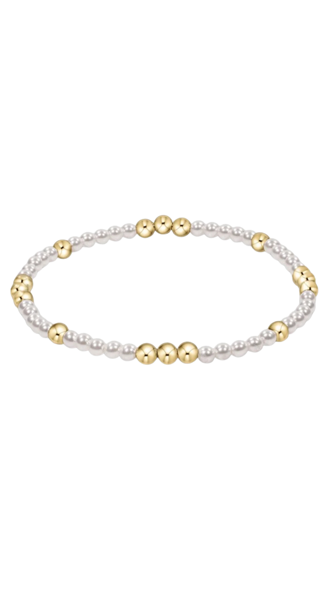 A delicate beaded stretch bracelet featuring small white pearl-like beads and polished gold metallic beads, arranged in an oval shape on a plain white background.