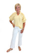 Front view of woman wearing Swagger Boutique’s Yellow Striped Puff Sleeve Top with jeans against white studio background.