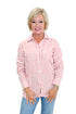 Front view of woman wearing Crimson Crush Saturdays Stripe Shirt by Z Supply with jeans against white studio background.