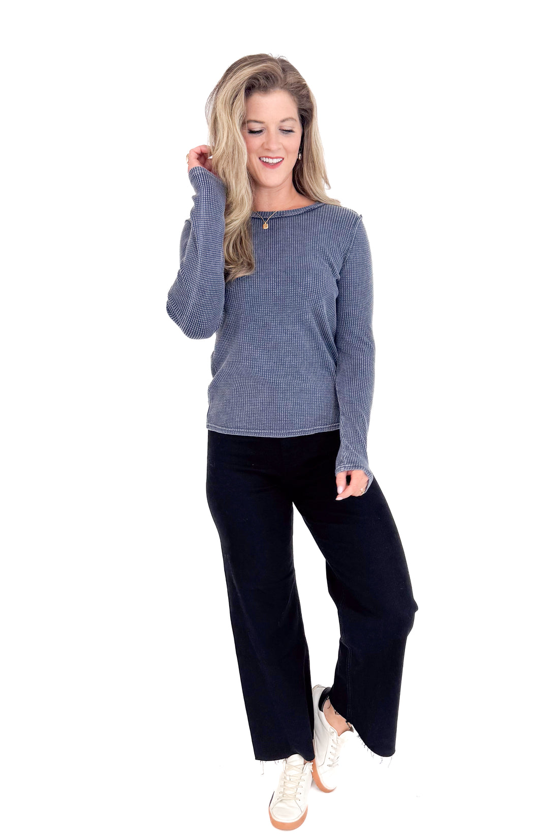 Model wearing blue sapphire Arlet mini thermal top by Z Supply front full view
