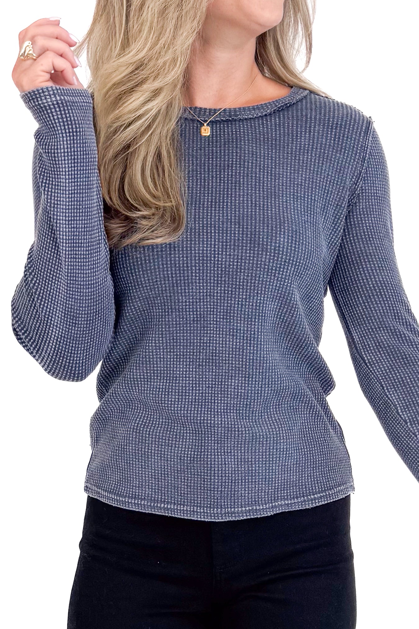 Model wearing blue sapphire Arlet mini thermal top by Z Supply front detail view