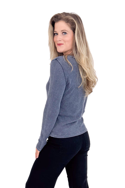 Model wearing blue sapphire Arlet mini thermal top by Z Supply side view